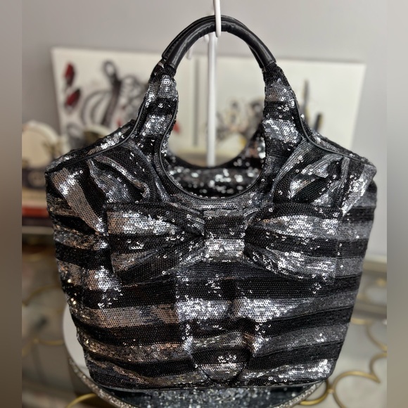 kate spade Handbags - Kate Spade rare STORYBOOK LINING black and silver sequin striped tote bag EUC